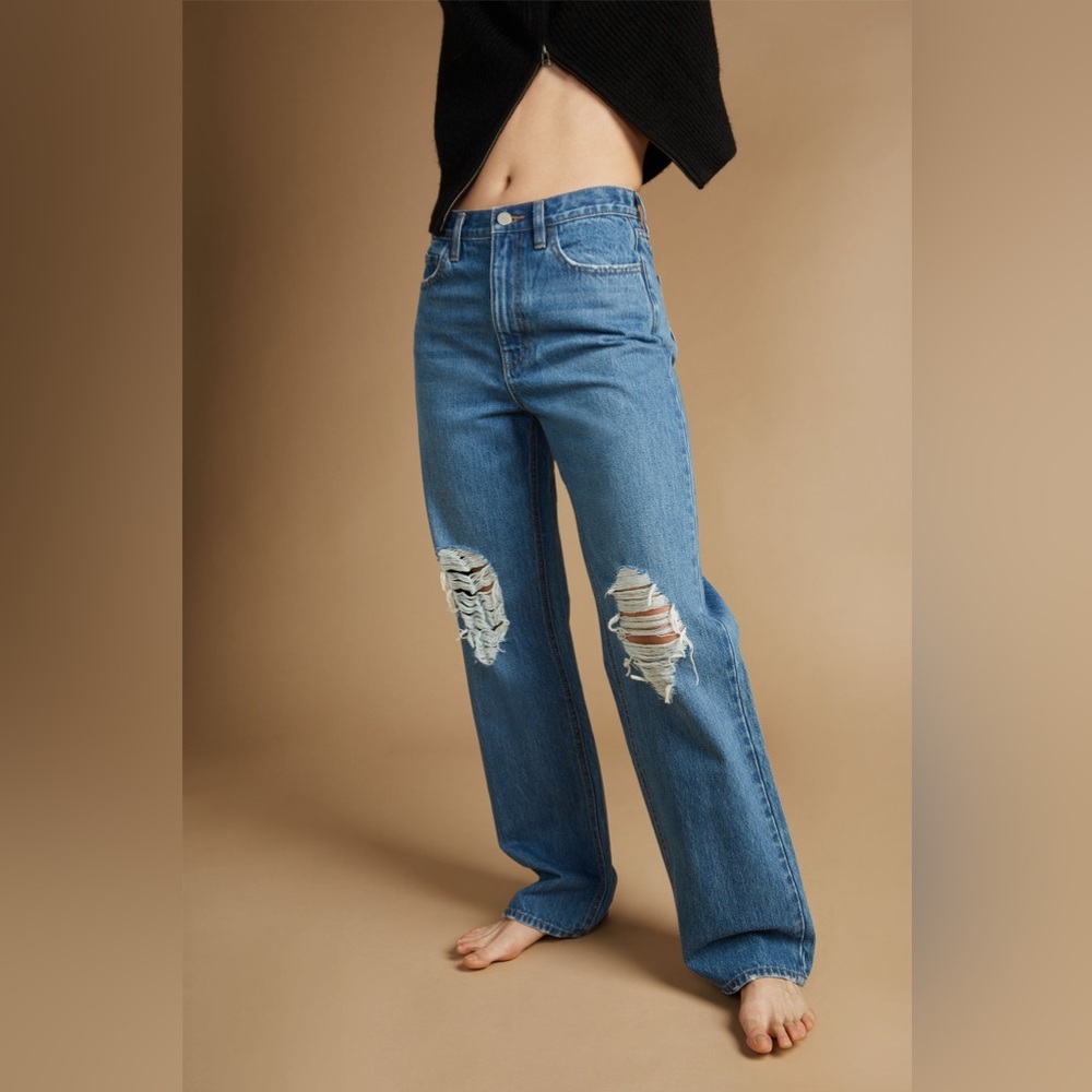 Oak + Fort Distressed High Rise Straight Leg Jeans